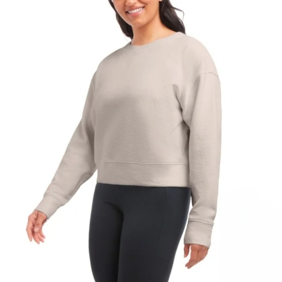 New! Danskin Cropped Crew Sweatshirt Beige Long Sleeved Women's XS Jacquard Top - Picture 5 of 16